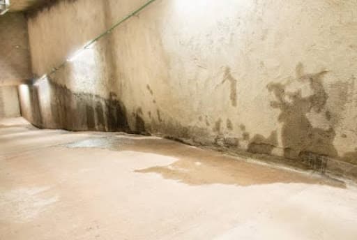 A basement with dark water staining up the wall and standing water pooling across the concrete floor